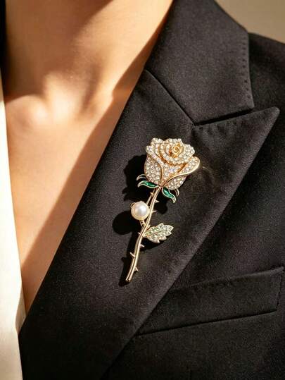 Broche de Rosa de Lujo Único con Perlas y Strass Completo, Alfiler Floral de Aleación con Strass para Blazer, Abrigo, Vestido de Mujer, Accesorio, Regalo Romántico para Navidad, Acción de Gracias, Año Nuevo, Corsage de Flor Vintage