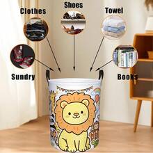 1pc Cute Zoo Animal Print Lion Giraffe Panda Monkey Storage Hamper Foldable Portable Laundry Basket Home Clothes Organizer Sundries Container Dorm Room Bedroom Closet Household Storage Solutions Decorative Fabric Bins - Multicolor - View 4