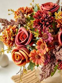 Artificial Flower Bouquet, Including Roses, Daisies, Double-Petal Flowers And Eucalyptus Leaves; Premium Mixed Floral Arrangement, Suitable For Home Decor, Holiday Decoration, Photography Props, Gift Decoration, Autumn Styling And Wedding Display. - Multicolor - View 7