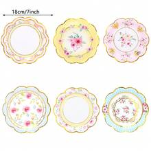 10pcs/60pcs/120pcs 7.28 Inch Floral Paper Plates, 6 Styles Gold Foil Rimmed Party Paper Plates, Pink/Blue/Yellow/White Flower Decor Paper Plates Suitable For Wedding, Bridal Shower, Birthday Tea Party, Paper Plates For Appetizers, Desserts, Snacks, Suitable For Large Gatherings - Multicolor - View 2