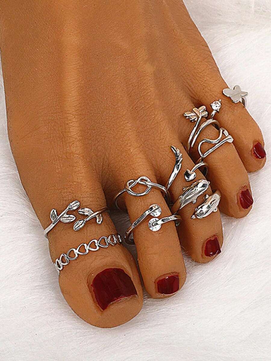 9 Pcs Adjustable Foot Ring Set Snake Butterfly Dragonfly Dolphin Heart Leaf Etc Shape Foot Ring Set For Women Girls - Silver - View 1