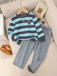 2pcs/Set Boys Spring Autumn Striped Bear Embroidery Crew Neck Long Sleeve Sweatshirt & Washed Denim Jeans Elastic Waist Comfortable Casual Outfit - Multicolor - View 1