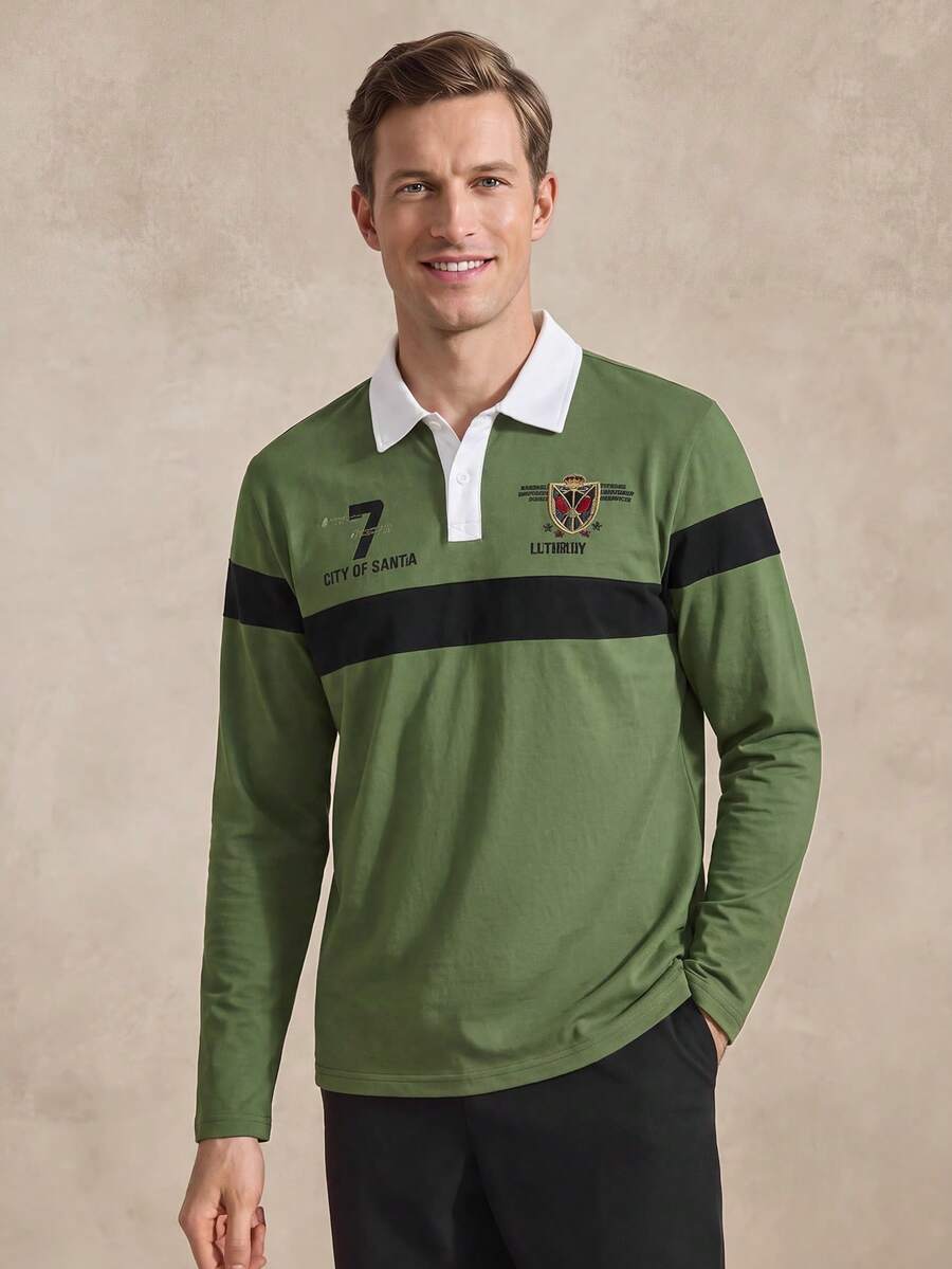 Courvante Golf Men's Letter Print Long Sleeve Casual Commute Polo Shirt Fall - Army Green - View 1