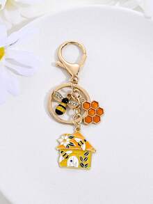 1pc Sweet Cute Vacation Style Enamel House Bee Flower Mushroom Keychain, Bag Decoration, Car Key Pendant, Student Backpack Charm, Souvenir, Gift For Friends - Multicolor - View 12