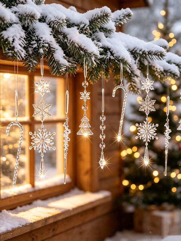 Conjunto de 1/2 Decorações de Natal com Enfeites Pendurados Transparentes de Floco de Neve, Bengala de Doces e Estalactite, Pingente de Gota de Água de Cristal, Decoração para Árvore de Natal e Festa de Feriado