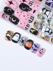 96pcs Y2K Style Halloween Cartoon Little Girl Press-On Artificial Nails, Full Coverage Short Kids Fake Nails Set, Girls Gift, Nail Art Decoration, Holiday Nail Set - Multicolor - View 6