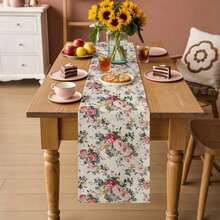 1pc Vintage Pink Rose Mixed Wildflower Print Table Runner, French Country Style Polyester Stiff Fabric, Party Dining Accessory, Farmhouse Dining Table Decor, Suitable For Kitchen Table, Coffee Table, Cabinet, Party, Wedding, Holiday Decoration - Multicolor - View 6
