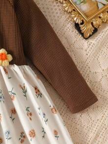 Young Girls Autumn/Winter 2 In 1 Ruffle Collar Floral Decor Knitted Patchwork Ditsy Floral Princess Dress - Khaki - View 5
