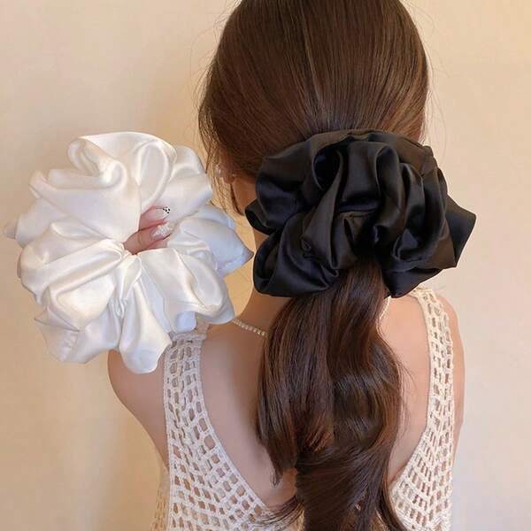 2pcs Vintage French Style Oversized Faux Silk Pleated Satin Solid Color Scrunchies, High-End Luxury Niche Hair Ties, Women's Hair Accessories, Large Hair Bands, Korean Style Soft Scrunchies