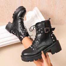 Punk Rivet Thick Sole Boots For Women, Lace-Up Buckle Side Zipper Ankle Boots, Lightweight For Travel Or Daily Wear - Black - View 6