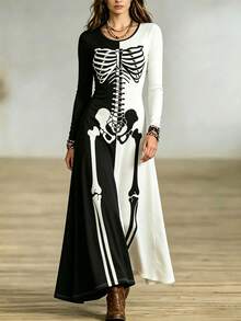 vestido halloween, vestido esqueleto, manga larga, bicolor blanco negro, vestido midi, fiesta temática, carnaval, disfraz, ropa festiva, estampado calavera - Blanco y Negro - Ver 4