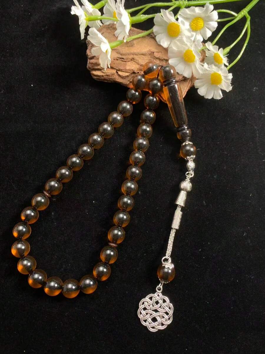 1pc 33-Bead Acrylic Muslim Prayer Beads With Vintage Silver-Tone Knot Pendant, Islamic Prayer Beads Gift - Multicolor - View 1
