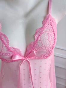 AESKEIA Women's Sexy Lingerie, Semi-Sheer Polka Dot Mesh Nightgown And Thong Set, Perfect For Holiday Gift - Pink - View 9