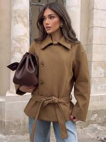Stand Collar Double-Breasted Short Wool Coat, Loose Fit British Style Tie-Up Jacket, Autumn/Winter - Brown - View 4