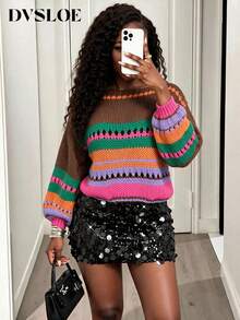 DVSLOE Women Y2K Color Block Fall Winter Sweater, Boat Neck Lantern Long Sleeve Hollow Out Striped Knit Pullover For Daily, Dating, Going Out - Multicolor - View 1