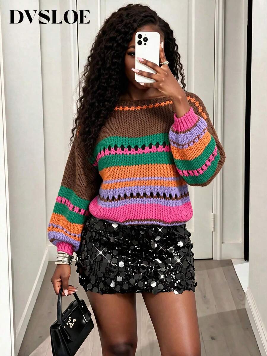DVSLOE Women Y2K Color Block Fall Winter Sweater, Boat Neck Lantern Long Sleeve Hollow Out Striped Knit Pullover For Daily, Dating, Going Out - Multicolor - View 1