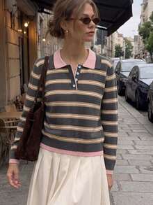 BYGOUBY Women's Spring/Autumn Polo Collar Knitted Cardigan, Fashion Striped Casual Sweater Top, Soft And Comfortable - Pink - View 2