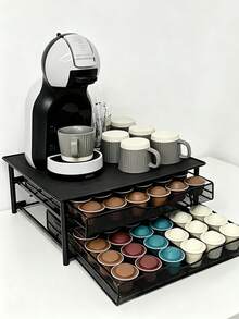 2‑Tier Iron Coffee Capsule Storage Drawer, Metal Mesh Coffee Pod Holder, 72‑Capsule Capacity Pull‑Out Organizer Stand For Coffee Machine Countertop, Non-Slip Tabletop, Black Coffee Pod Storage Rack For Home Kitchen Coffee Bar - Black - View 10