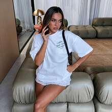 Women's Tee, White Oversized T-Shirt, Short Sleeve Crew Neck, Casual Summer Streetwear, Vintage Nautical Print - White - View 2