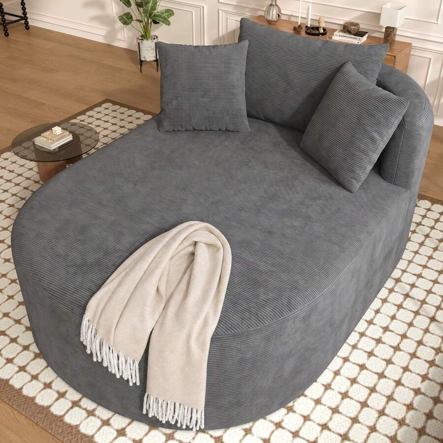 Komprimierter ovaler Relaxsessel aus Cordstoff – Montagefreier Einzelsessel mit tiefer Sitzfläche (122 cm), Lounge-Sessel für Wohnzimmer, Schlafzimmer & Leseecke – Hellbeige/Grün/Grau - Grau - Übersicht 1