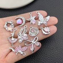 5/20pcs Silvery Plated Pink Rhinestone Charms Ballerina Fairy Butterfly Bear Moon Star Bow Shell Pendant For DIY Necklace Earring Jewelry Making - Pink - View 3