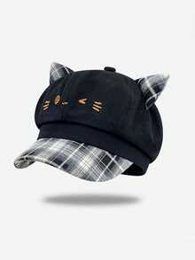 MESHUOKAI Y2K Sweet & Cool Girl 3D Cat Ear Newsboy Cap, Plaid Patchwork Brim, Cartoon Cat Embroidery Fashion Beret, Suitable For Daily Wear - Multicolor - View 2