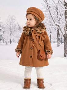 Baby Girl Winter Coat Leopard Print Trim Bow Front Warm Jacket - Brown - View 1