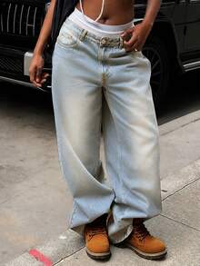 Women's Vacation Style Y2K Washed Distressed Wide Leg Jeans Casual Spring Fall - Light Wash - View 2
