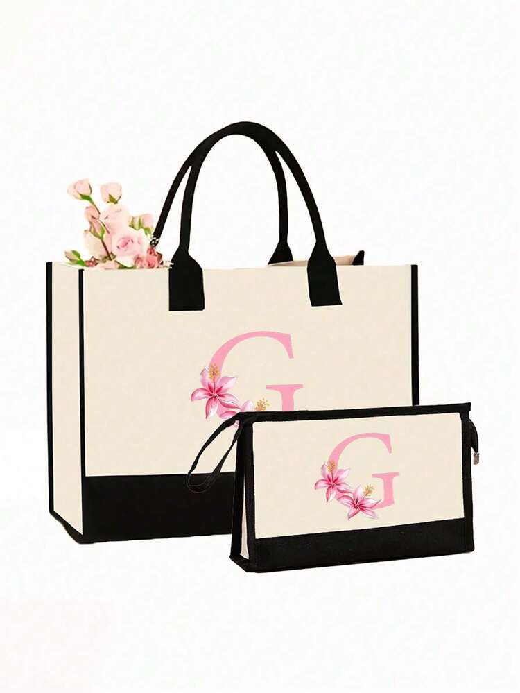 2pcs Canvas Tote Bags With Letter Pattern, Casual Style, Open Design, Fixed Shoulder Strap, Wipe Clean, Suitable For Travel, Shopping, And Ideal Gift For Family And Friends - Multicolor - View 13