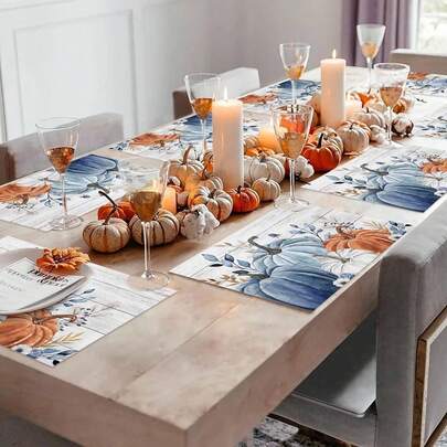 1/2/4pcs Autumn Placemats, Blue Pumpkin Placemats, Restaurant Dining Table Leaf Floral Wood Grain Washable Placemats, Thanksgiving Kitchen Decor