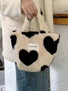 Autumn/Winter Cow Print Heart Plush Tote Bag, Sweet Style Large Capacity Commuter Fuzzy Handbag - White - View 5