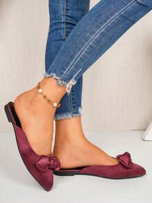 Spring Summer Autumn New Burgundy Satin Bow Mule Slippers Pointed Toe Closed Toe Flat Half-Slippers Commute Date Gentle Wear Office Party Banquet Women's Shoes - Burgundy - View 3