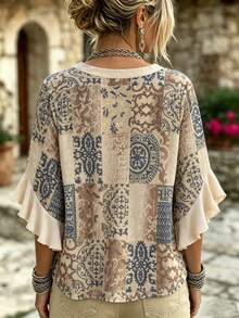 Plus Size Bohemian Vintage Print Flowy Blouse For Women With V-Neck, Short Sleeves And Ruffle Hem - Brown - View 2