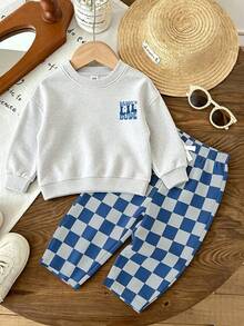 Vintage Baby Boy 2 Pieces Sports Set, Bold Slogan Print Sweatshirt & Striped Long Pants, Soft Spring/Autumn/Winter Outfit - Light Grey - View 2