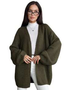 Damen Strickcardigan mit V‑Ausschnitt, weicher flauschiger Strickstoff, lange Ballonärmel, offene Front lässige Strickjacke für Alltag - Armeegrün - Übersicht 2