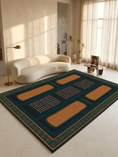 1PC Deep Blue Background Rust Red Geometric Color Block Polka Dot Pattern Area Rug, Bohemian Vintage Style Faux Cashmere Rectangular Symmetrical Double Border Machine Washable Floor Mat, Suitable For Living Room Bedroom Entryway Home Decor