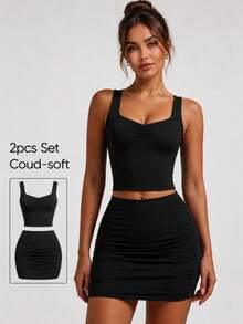 Women's Solid Color Ruched Bodycon Camisole And Mini Skirt Set - Black - View 2