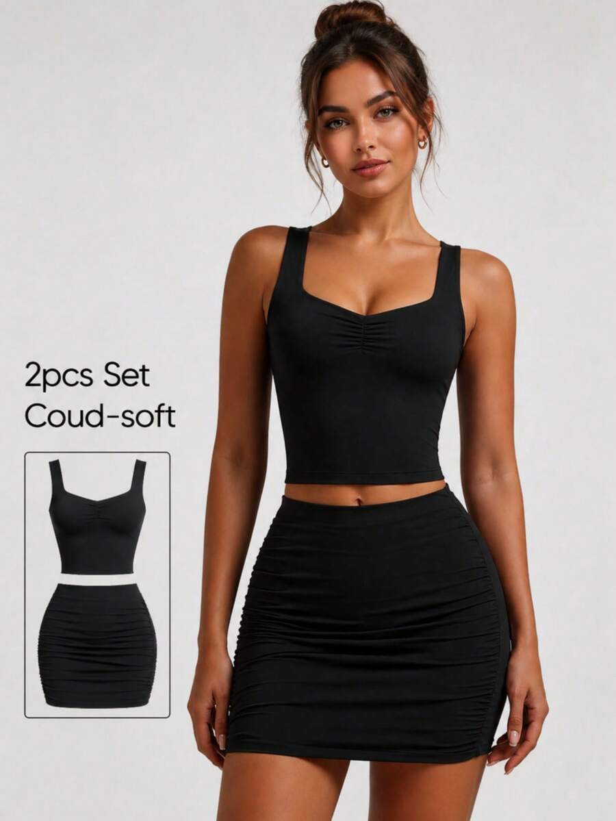 Women's Solid Color Ruched Bodycon Camisole And Mini Skirt Set