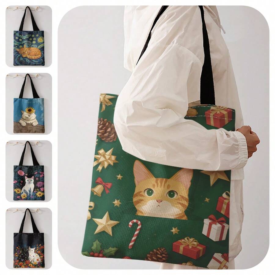 1pc Cat Print Shoulder Tote,Large Capacity For Books,Groceries & Daily Beach Travel School Use.For Students & Women,Great Daily Bag Or Gift - Multicolor - View 1