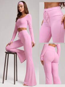 Sodalemon Women's Solid Color Drawstring Waist Flared Yoga Pants, Elastic Fitness Training Casual Running Sports Leggings - Pink - View 3