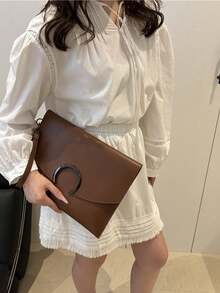 女款復古信封手拿包，附半月形金屬扣腕帶包，優雅晚宴手提包，適合辦公室、派對與日常使用 - 棕色 - 查看 3