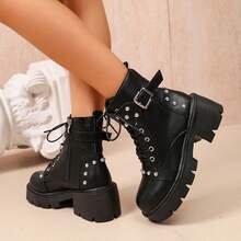 Punk Rivet Thick Sole Boots For Women, Lace-Up Buckle Side Zipper Ankle Boots, Lightweight For Travel Or Daily Wear - Black - View 7