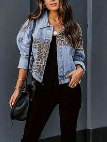 GILIPUR Women Street Style Leopard Print Contrast Patchwork Denim Jacket, Washed Ripped Flap Pockets Loose Fit Outerwear - Blue - View 9