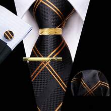 5Pcs Men Orange Plaid Tie Pocket Square Cufflinks Ring Tie Clip Set, Random Cufflink Pattern, Suit Accessories For Wedding - Orange - View 2