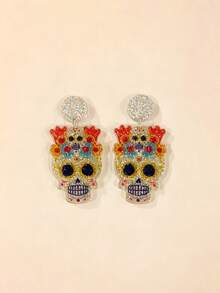 1Pair Glittering Smooth Acrylic Mexican Carnival Hat Skull Marigold Printed Drop Earrings For Women Girls Day Of The Dead Party Jewelry - Multicolor - View 1