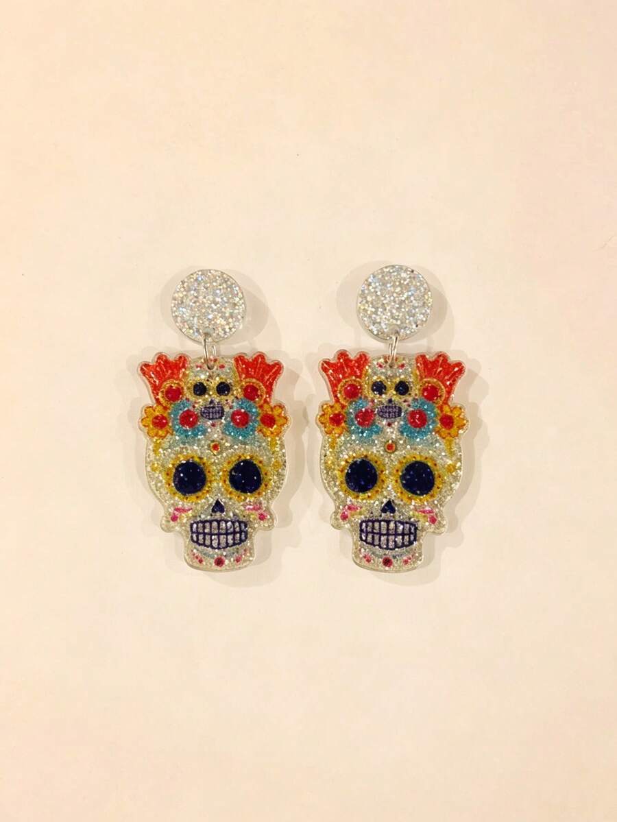 1Pair Glittering Smooth Acrylic Mexican Carnival Hat Skull Marigold Printed Drop Earrings For Women Girls Day Of The Dead Party Jewelry - Multicolor - View 1