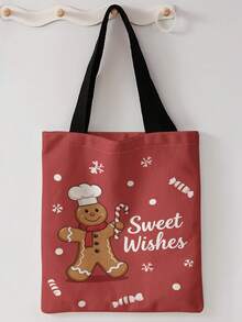 1pc Christmas Bear Print Canvas Tote Bag, Large Capacity Hand‑Held Shoulder Bag,Reusable Shopping Bag For Music Festival Party Daily Packing Books - Multicolor - View 11