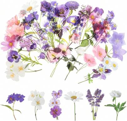 120Pcs Flower Stickers For Scrapbooking, Transparent Floral Stickers Set For Scrapbook Supplies,Craft, Card, Laptop, (60 Styles) (Purple Theme)