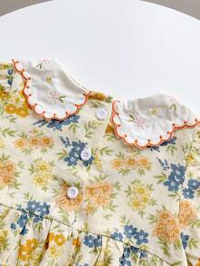 Girls' Spring/Autumn New Ditsy Floral Dress, Yellow & Blue Embroidered Peter Pan Collar Lace Trim Long Sleeve Princess Dress - Yellow - View 6