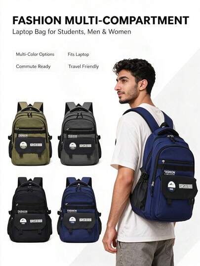 1 buah Tas Ransel Multi-Kompartemen Modis Kapasitas Besar untuk Pelajar, Muat Laptop, Kantong Botol Air di Samping, Cocok untuk Perjalanan, Aneka Warna